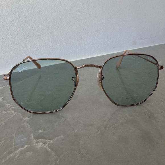 Ray-Ban Gold Frame Hexagonal Flat Sunglasses Blue Lenses - Picture 2 of 9